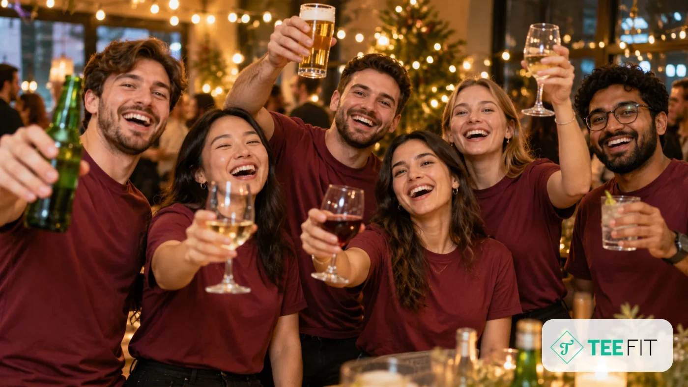 Nhóm nhân viên mặc áo đồng phục year end party cùng nâng ly tại tiệc tất niên công ty