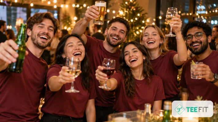 Nhóm nhân viên mặc áo đồng phục year end party cùng nâng ly tại tiệc tất niên công ty