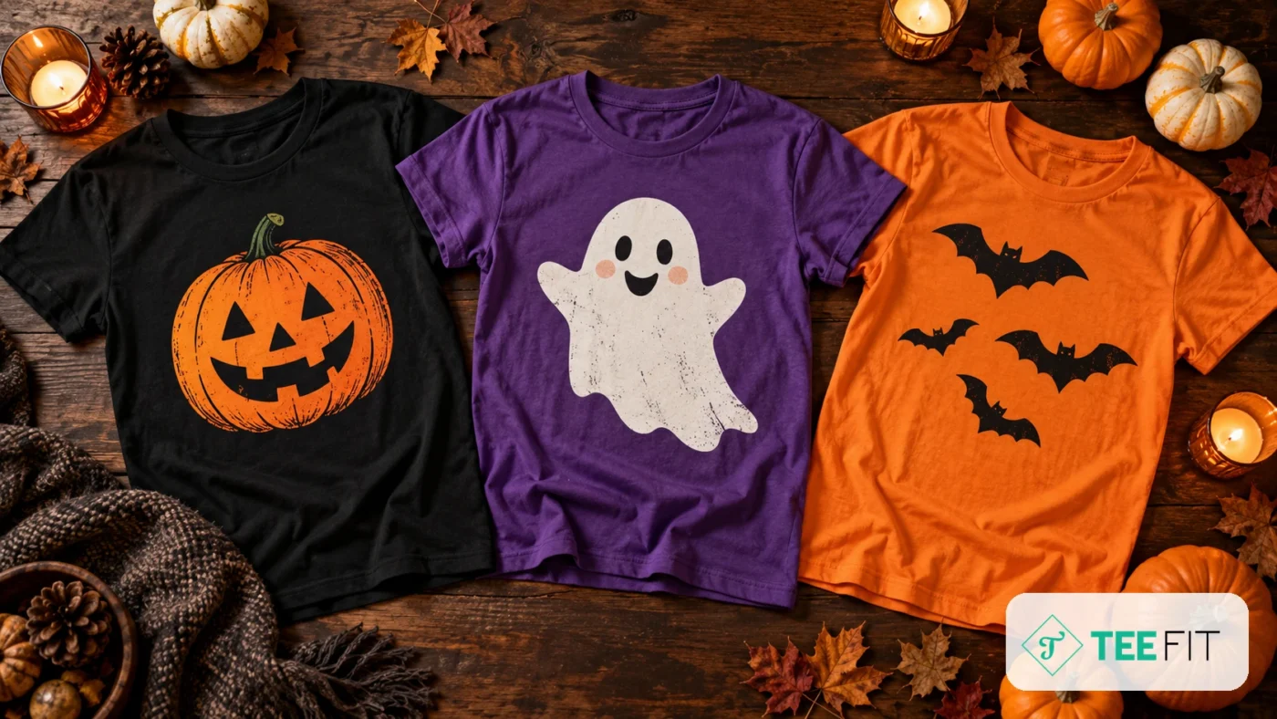 Ba mẫu áo Halloween in hình bí ngô, con ma và dơi trên áo đen, tím, cam - Teefit