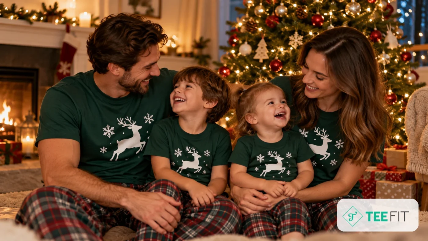 Gia đình bốn người mặc áo Noel in hình tuần lộc đồng bộ bên cây thông