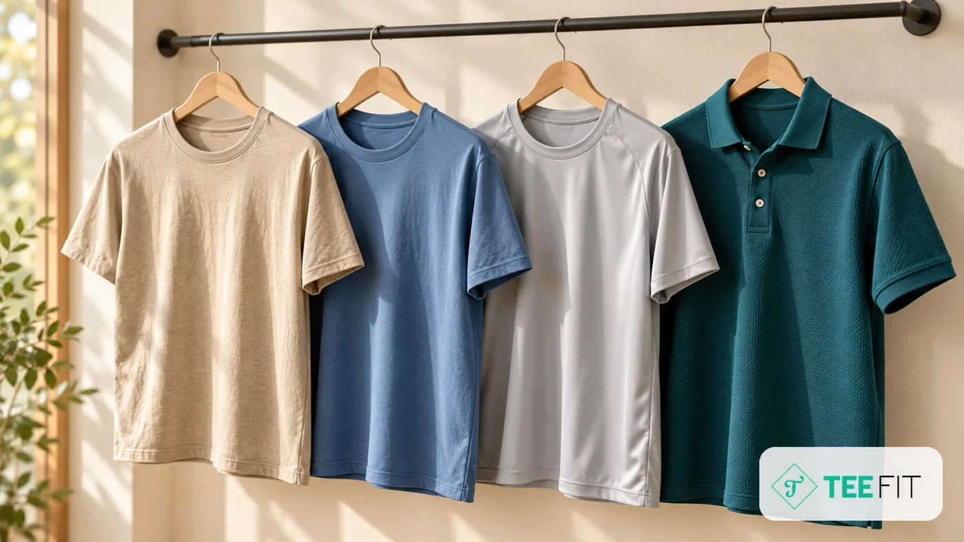 Bốn loại vải áo thun phổ biến: cotton 100%, vải pha CVC, thun lạnh polyester và vải cá sấu treo trên móc