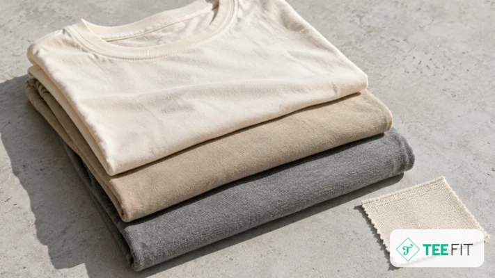 Ba áo thun cotton định lượng GSM khác nhau xếp chồng và một mẫu vải