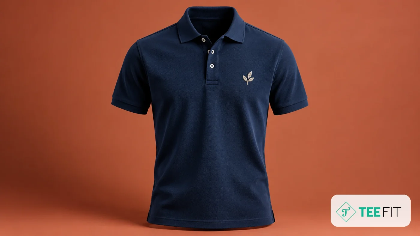 Áo polo navy với logo thêu nổi mũi chỉ trên ngực trái